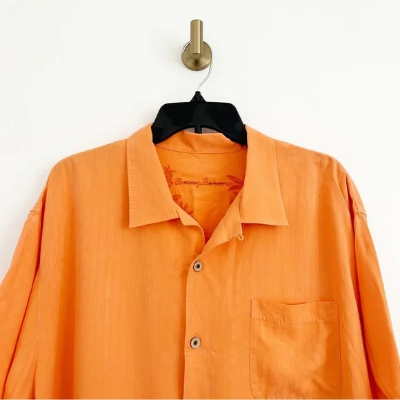 100% Silk Tommy Bahama Bright Coral Orange Short Sleeve Button Down Shirt XL - Picture 2 of 6